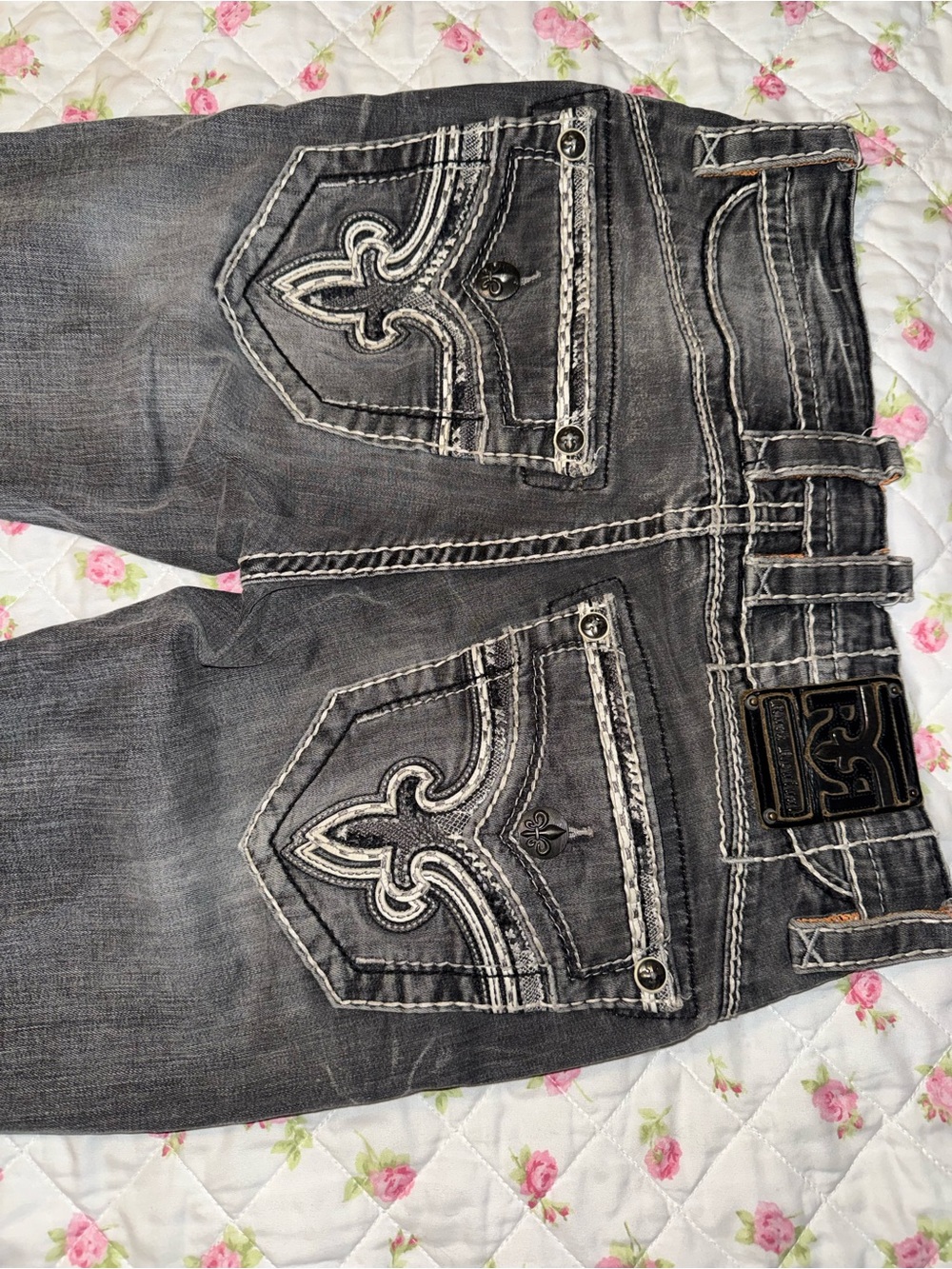 mens Black and gray Washed Embroidered Back-Pocket rock revival Jeans